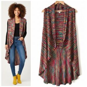 John Paul Richard Crochet Waterfall Vest Multicolor Open Front Boho Lagenlook 2X
